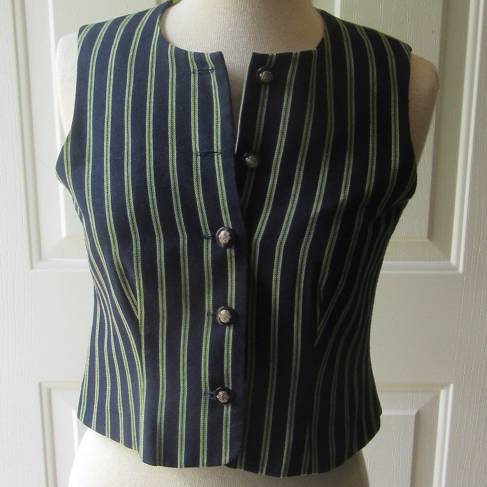 RARE Vintage Marisa Christina Petite Sz 4 Navy Vest with Green Stripes